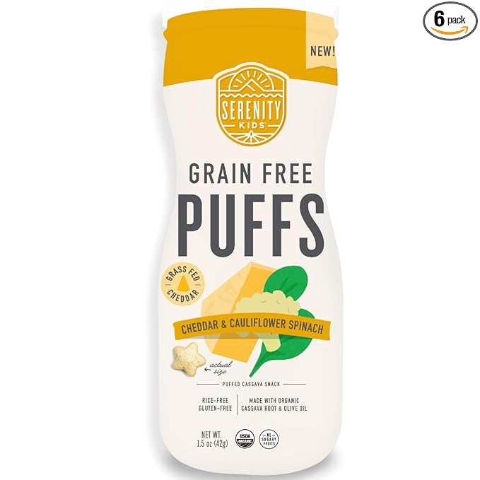 Serenity Kids 6+ Month Baby Food Puffs - White Cheddar & Cauliflower - Grain-Free, Gluten-Free & Allergen-Free - Organic Puffs for Baby - Cassava, Veggies & Herbs - 1.5 Oz, 6-Pack