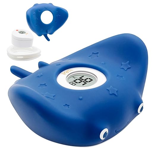 b&h Silicone Baby Bath Thermometer - Safety Digital Infant Bathtub Temperature Thermometer, Color-Coded Display, Quick-Read, Detachable Silicone Jacket, Dishwasher Safe, Temperature Toy (Manta Ray)