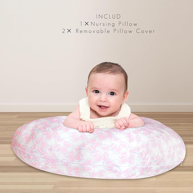 Nursing Pillow with 2 Piece Removable Ultra Soft&Stretchy Cover,Nursing Pillows for Breastfeeding,Tummy time and Baby Sitting Support,Leaves Pattern