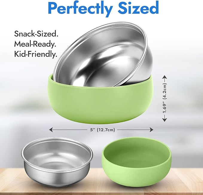 Stainless Steel Bowls with Removable Soft Silicone Sleeves | BPA-Free, Non-Toxic, Non-Slip, Stay-Put | Perfect for Kids, Toddlers & Babies | Ideal for Cereal, Snacks & Meals | 4 Pack