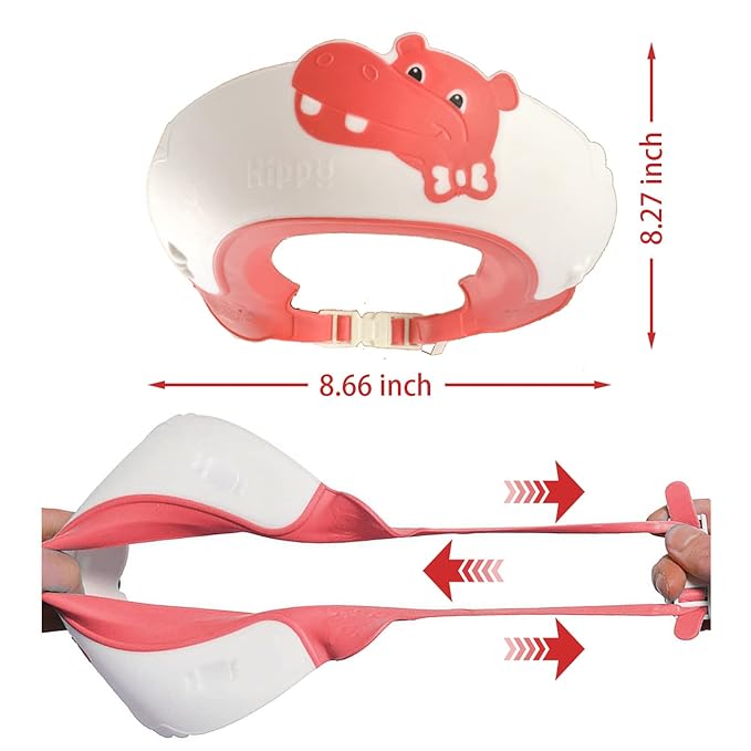 Baby Shower Cap Shield, Shower Cap for Kids, Visor Hat for Eye and Ear Protection for 0-9 Years Old Children,Cute Dinosaur/Crocodile/Hippo shape Makes the Baby Bath More Fun (Hippo, Red)