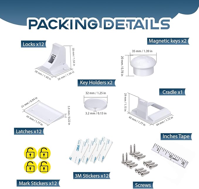 Blessimo® 12 Pack Magnetic Cabinet Locks Baby Proofing with 12 locks and 2 Keys - Child Locks For Kitchen, Cabinets and Drawers - 3M Adhesive Easy Installation