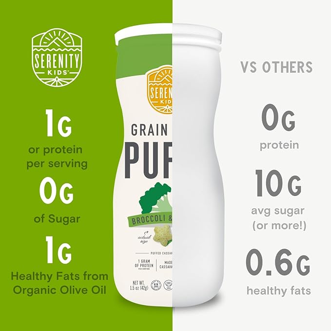Serenity Kids 6+ Months Grain Free Puffs Toddler & Baby Snack | No Added Sugar, Gluten & Rice Free, Allergen Free | Made with Organic Cassava, Veggies, and Herbs | Broccoli & Spinach | 1 Count