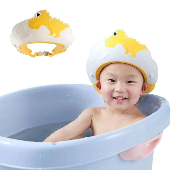 Baby Shower Cap Shield, Shower Cap for Kids, Visor Hat for Eye and Ear Protection for 0-9 Years Old Children,Cute Dinosaur/Crocodile/Hippo shape Makes the Baby Bath More Fun (Dinosaur, Yellow)