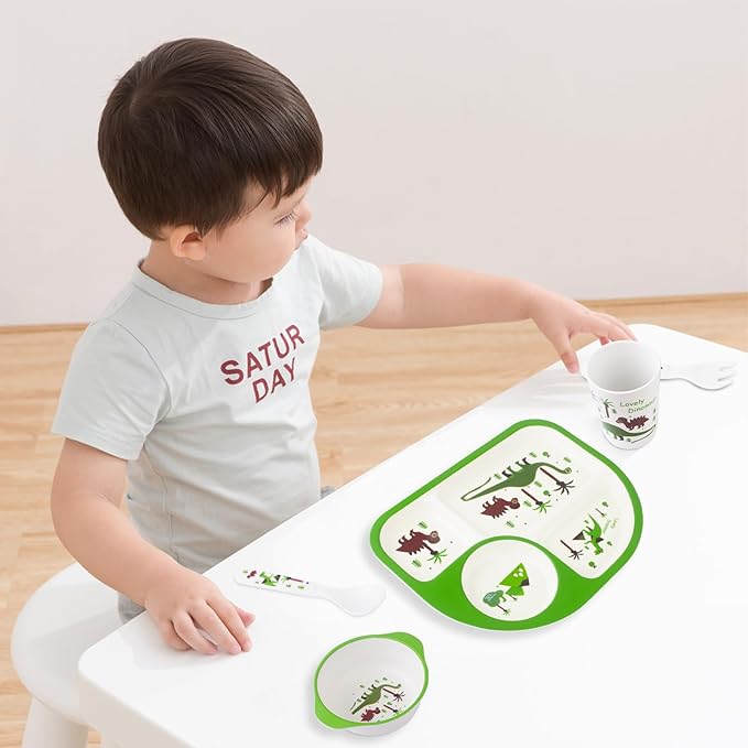 Kids Feeding Set 5 Pcs, Dinosaur Tableware Set for Toddlers, Includes Plate, Bowl, Cup, Fork & Spoon, BPA Free, Multicolor (Green, Brown, Orange), Dishwasher Safe