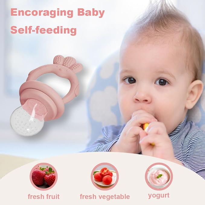 Baby Food Fruit Feeder, Breastmilk Baby Popsicle Molds, Silicone Teether Freezer Tray Food Feeder Pacifier for Teething Relief (Pink)