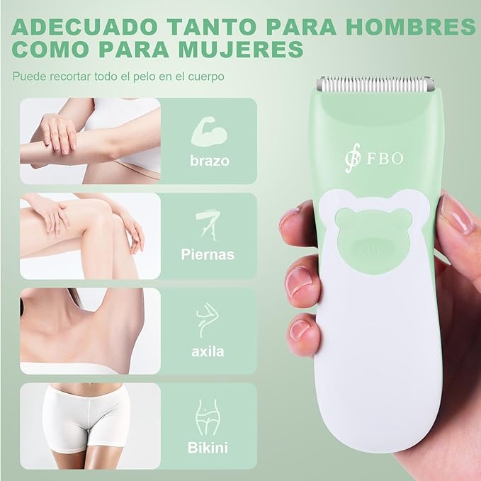 FBO Bikini Trimmer & Adult Painless Electric Shaver,Baby Hair Clippers Kit,Infant Kids Multipurpose Hair Trimmer-Quiet,Cordless,Waterproof,Rechargeable,Sharp Durable,with Ceramic Blades,Green