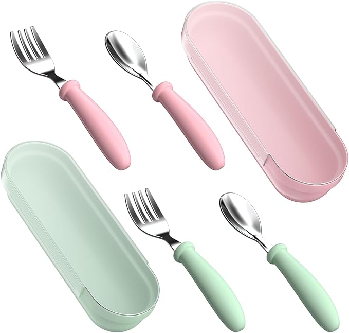 Toddler Utensils, Kids Stainless Steel Silverware Set, Toddler Forks and Spoons, Baby Utensils Set with Storage Box for Self Feeding Safe, Dishwasher Safe (2 Set with Case)