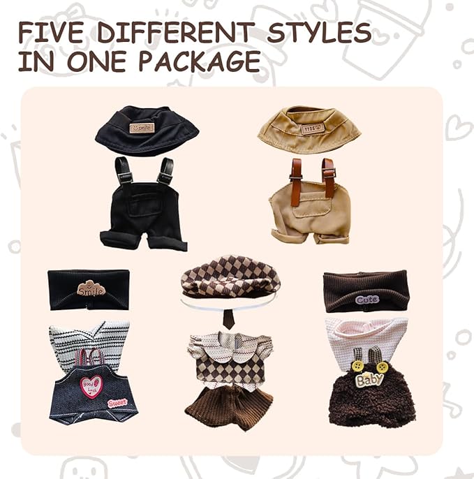 5 Complete Style Clothes Sets for 17cm Dolls - Hat & Overalls Dress Up Outfit for 17cm 15cm Dolls,Designer Outfits Bundle with Luxury/Cute/Sporty Themes, Gift for Doll Lovers (Smile, 17cm/15cm)