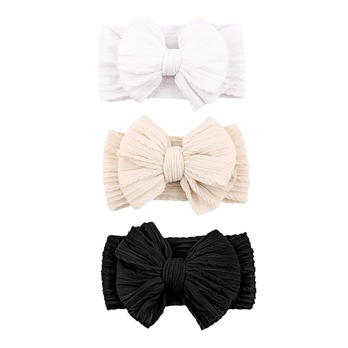 Baby Bows Headbands Nylon Hairbands Baby Girl Bows Hair Accessories for Infant Toddler Essentials(Black White Beige, mid)