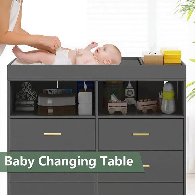 Changing Table Dresser with Drawers, Baby Dresser with Changing Table Top, Power Outlet, LED Light & Metal Feet, Diaper Changing Station Nursery Organizer for Infants Newborn (Grey)