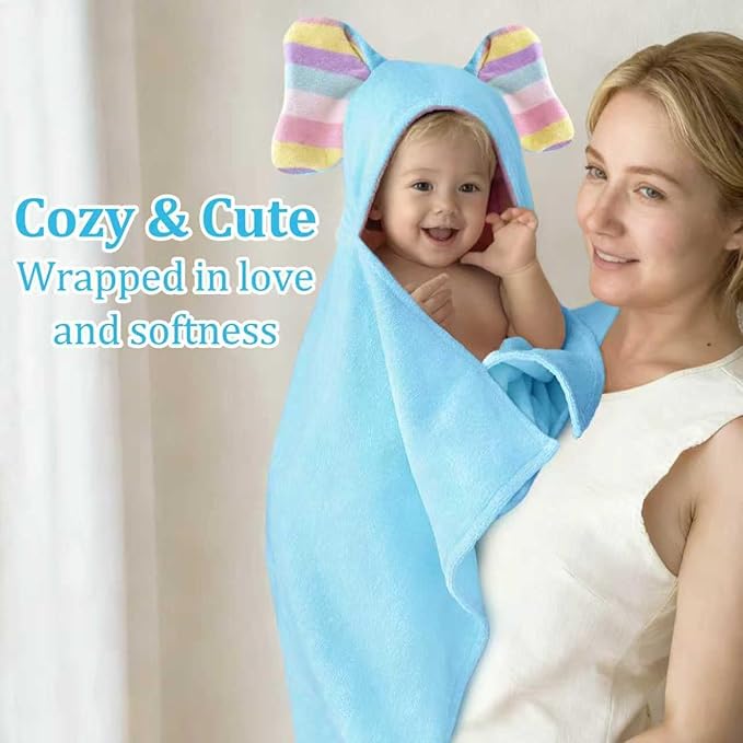 VOOVA & MOVAS Thick Baby Hooded Bath Towel - 100% Cotton,500GSM, 33x31.5 Inches,0-2Years, Super Absorbent Large Towel with Cute Elephant Ears Hood for Newborn,Toddler,Infant, Baby Blue