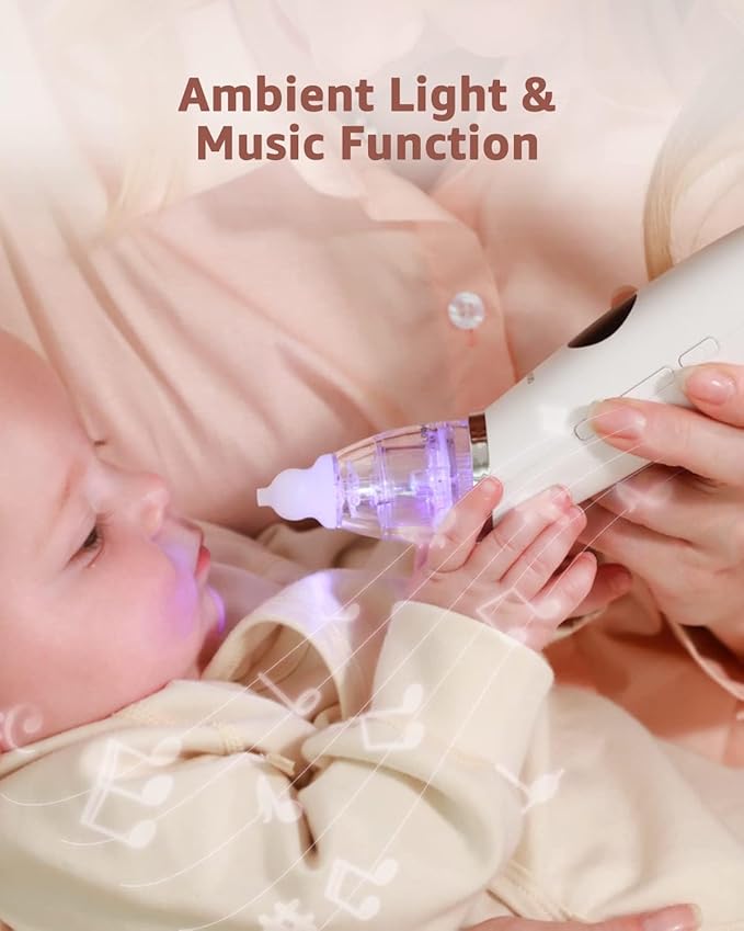 GROWNSY Nasal Aspirator for Baby | Baby Nose Sucker | Electric Nose Suction for Toddler, Ergonomic Booger Sucker with 3 Silicone Tips, Music & Light Soothing Function(White)