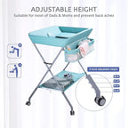 Baby Changing Table Portable Folding Diaper Changing Station with Wheels, Adjustable Height Mobile Nursery Organizer with Safety Belt and Large Storage Racks for Newborn Baby and Infant, Green