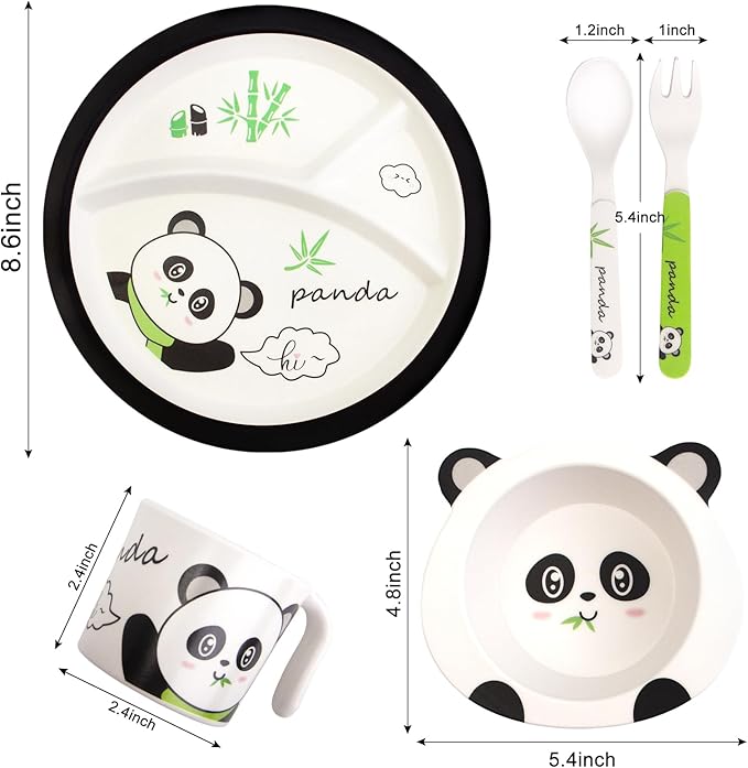 Kids Feeding Set 5 Pcs, Tableware Set for Toddlers Includes Plate Bowl Cup Fork and Spoon Utensil Flatware, Kids Flatware Set Dishwasher Safe, BPA Free (Panda)