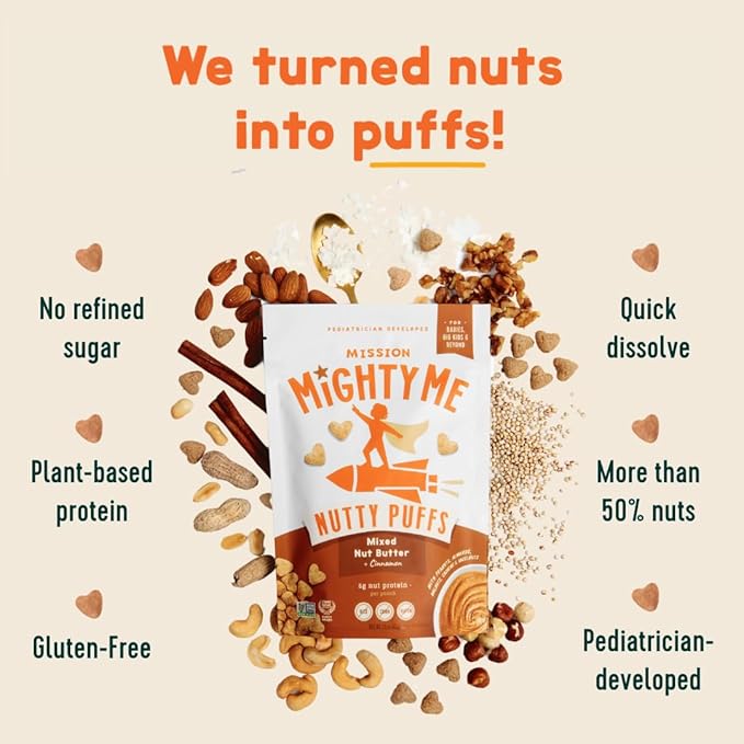 Mission Mighty Me Nutty Puffs Mixed Nut Butter Puffs for Babies + Kids - Pediatrician Developed, Plant-Based Gluten-Free Baby Snack - Peanut, Tree Nut, Cinnamon (6 Pack - 5 Pack Plus Peanut Sample)
