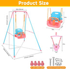 4 in 1 Toddler Swing Set & Baby Jumper, Heavy Duty Kids Swing with Bouncer, Foldable Metal Stand for Indoor & Outdoor, Easy Install & Store (Blue Pink)