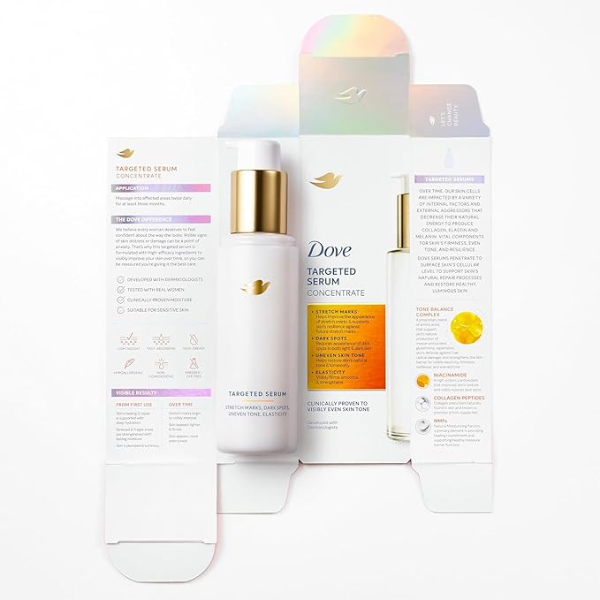 Dove Targeted Serum Multipurpose for Stretch Marks, Dark Spots, Uneven Skin Tone and Elasticity,with Tone Balance Complex, Niacinamide, Collagen Peptides and Natural Moisturizing Factors, 3.2 oz