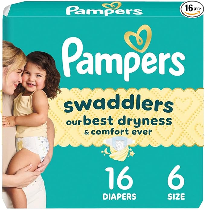 Pampers Swaddlers Diapers, Size 6 (23-44 lbs), 16 Count, Absorbent, Keeps Baby Dry and Comfortable, Skin Safe Disposable Baby Diaper (Packaging May Vary)