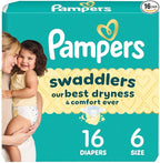Pampers Swaddlers Diapers, Size 6 (23-44 lbs), 16 Count, Absorbent, Keeps Baby Dry and Comfortable, Skin Safe Disposable Baby Diaper (Packaging May Vary)