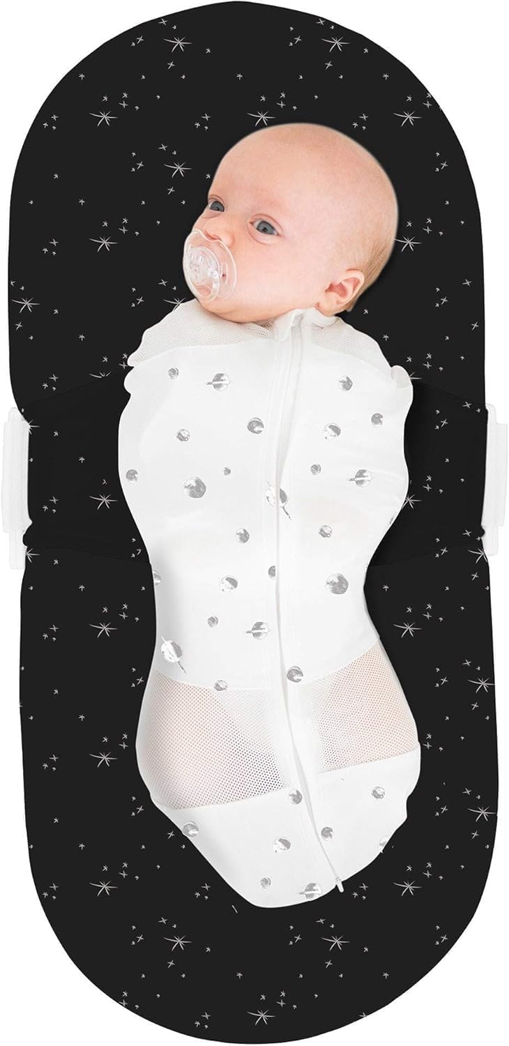 Happiest Baby SNOO Sleep Sack - 100% Organic Cotton Baby Swaddle Blanket - Doctor Designed Promotes Healthy Hip Development (Ivory Planets Black Wings, X-Large)