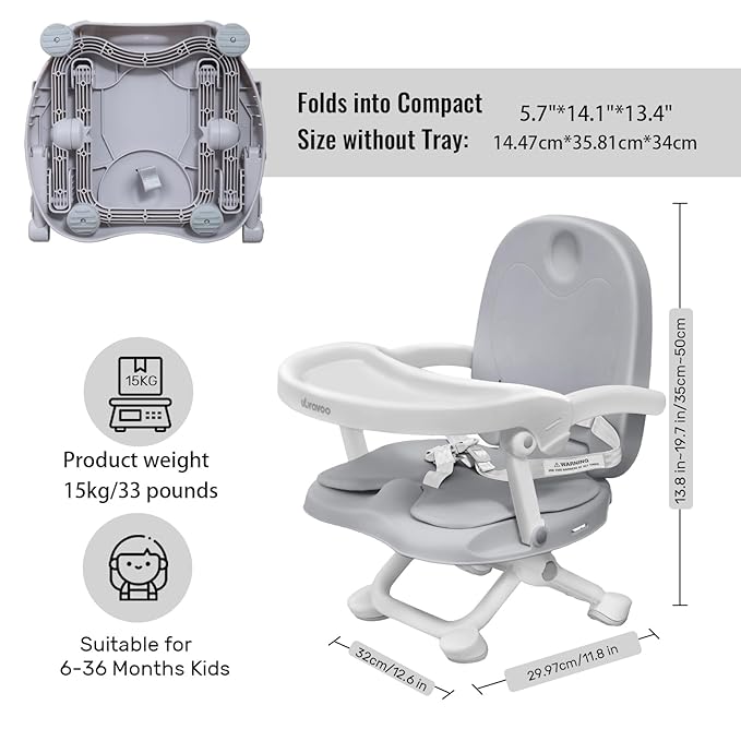 Baby Booster Seat for Dining Table with Removable Tray & Cushion, 3in1 Portable Toddler Booster Seat, 4 Height Adjustable Travel High Chair for Babies and Toddlers