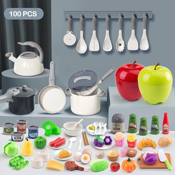 100Pcs Kitchen Playset, Kids Pretend Cooking Play Pots, Pans, Utensils, Cookware, Toy Food Fruits Veggies, with 2 Large Apple - Shaped Storage, Toddler Cooking Learning Gift (White)