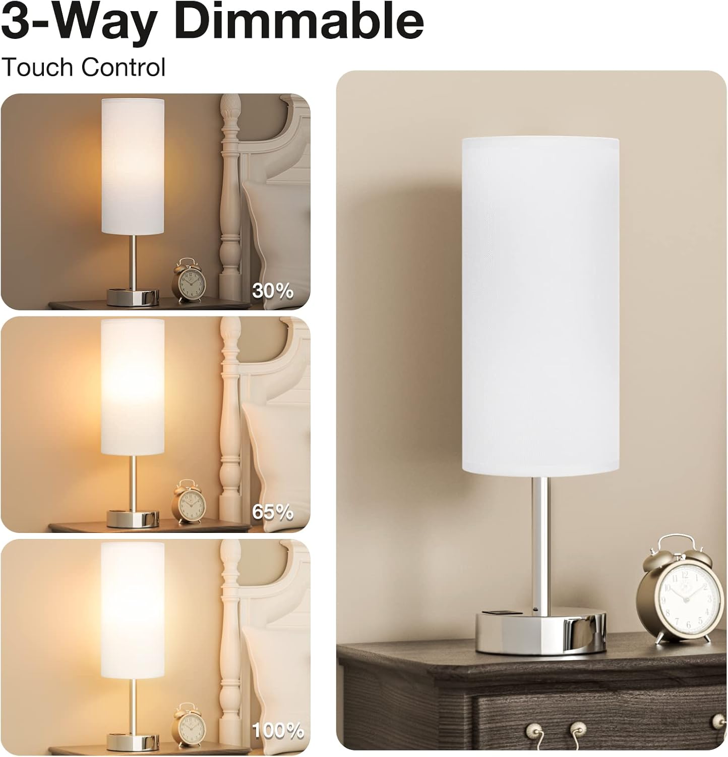 White Bedside Touch Table Lamps for Bedroom Nightstand with USB-C USB-A Charging Ports White, 3 Way Dimmable Control Small Lamp Silver Base for Office, Living Room, Reading