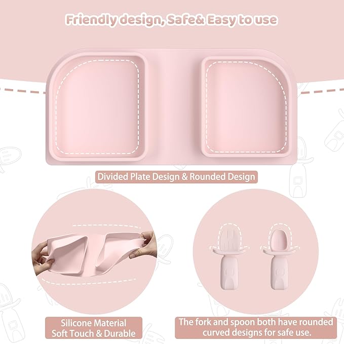 Traval Silicone Foldable Feeding Set, On-the-Go Baby Feeding Supplies Including Toddler Plates, Silicone Baby Spoon&Fork, Adjustable Foldable Bib, Portable Infant Toddler Utensils, Pink