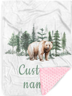 Custom Name Baby Receiving Blanket – Cozy Flannel with Double-Layer Dotted Backing – Bear in Forest Theme for Newborns and Toddlers