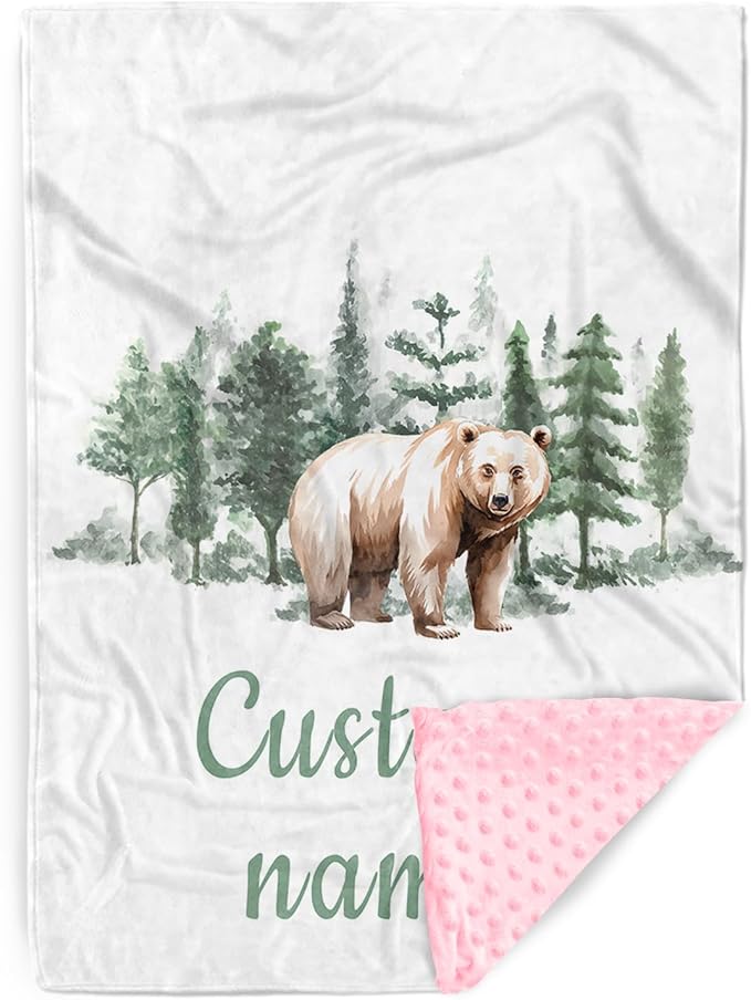 Custom Name Baby Receiving Blanket – Cozy Flannel with Double-Layer Dotted Backing – Bear in Forest Theme for Newborns and Toddlers