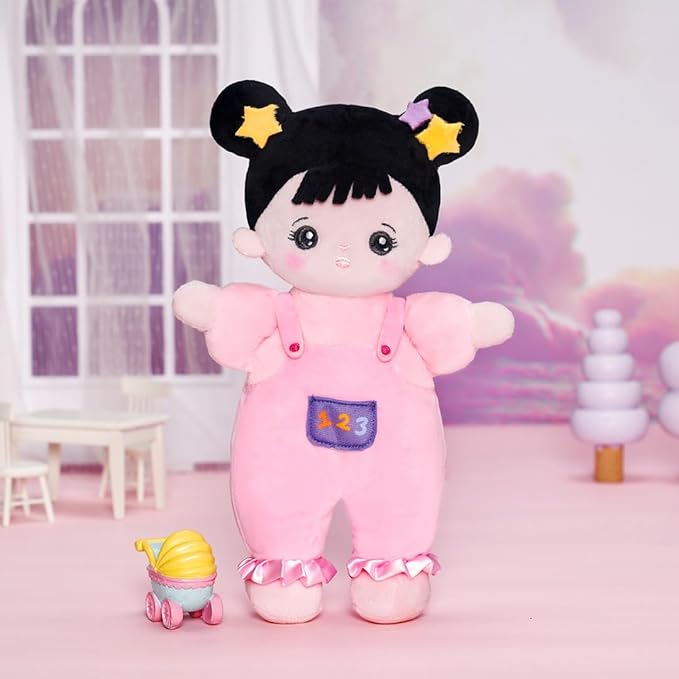 OUOZZZ 10" Soft Baby Doll for 1 Year Old Girl Gifts - Asian Doll Toys for 1 Year Old Birthday Christmas Plush Gift for Toddler Pink Straps Black Hair