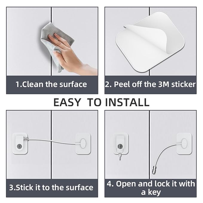 Refrigerator Lock 2 Packs, Fridge Lock with Silicone Wire Protection Fridge Locks for Kids Easy to Use and Install Cabinet Locks with Key, White