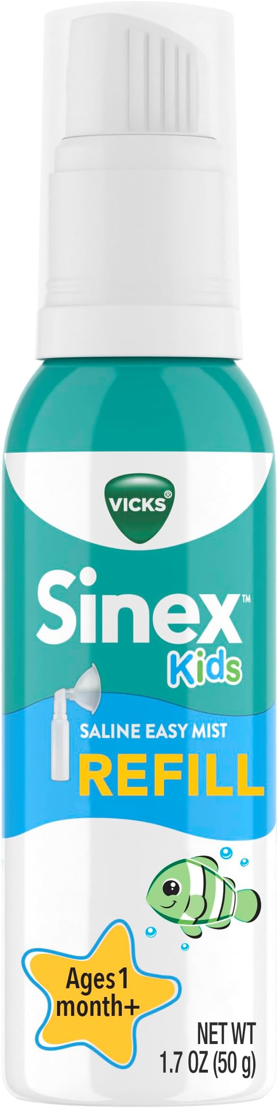 Vicks Sinex Kids Saline Easy Mist Refill, Drug Free Saline, Ages 1 Month+, Gently Clears and Soothes Everyday Stuffy Noses, Safe for Daily Use, 1.7 OZ