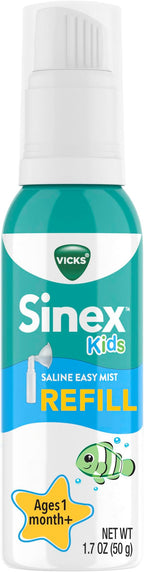 Vicks Sinex Kids Saline Easy Mist Refill, Drug Free Saline, Ages 1 Month+, Gently Clears and Soothes Everyday Stuffy Noses, Safe for Daily Use, 1.7 OZ