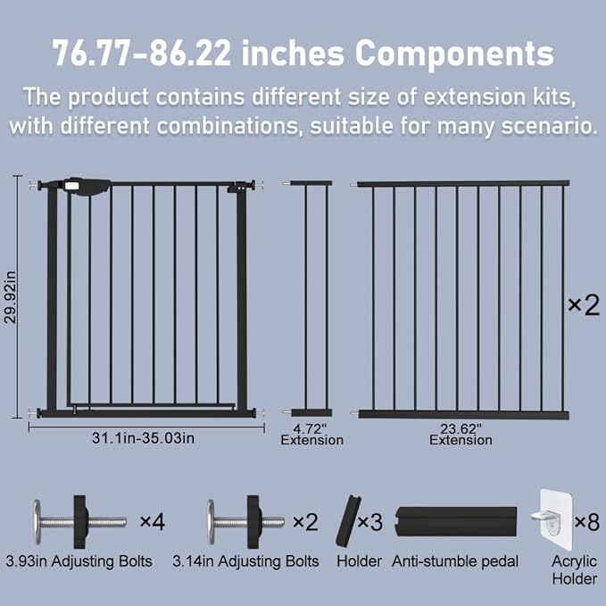 DEARBB Triple Lock Baby Gate for Stairs Doorways and House 31" to 86" Extra Wide Pressure Mounted Easy Walk Through Auto Close Safety Pet Gate Black 76.77-86.22"