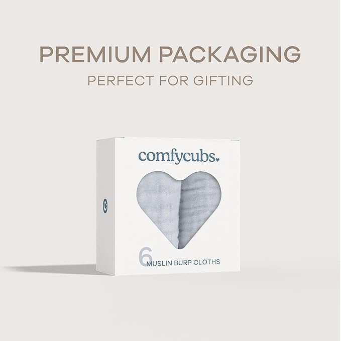 Comfy Cubs Muslin Burp Cloths 20" x 10", Pack of 6 - Large, 6-Layer, Ultra Absorbent 100% Cotton for Baby Drool and Messes - Soft, Safe & Gentle Baby Burp Cloths Set for Boys & Girls - Slate