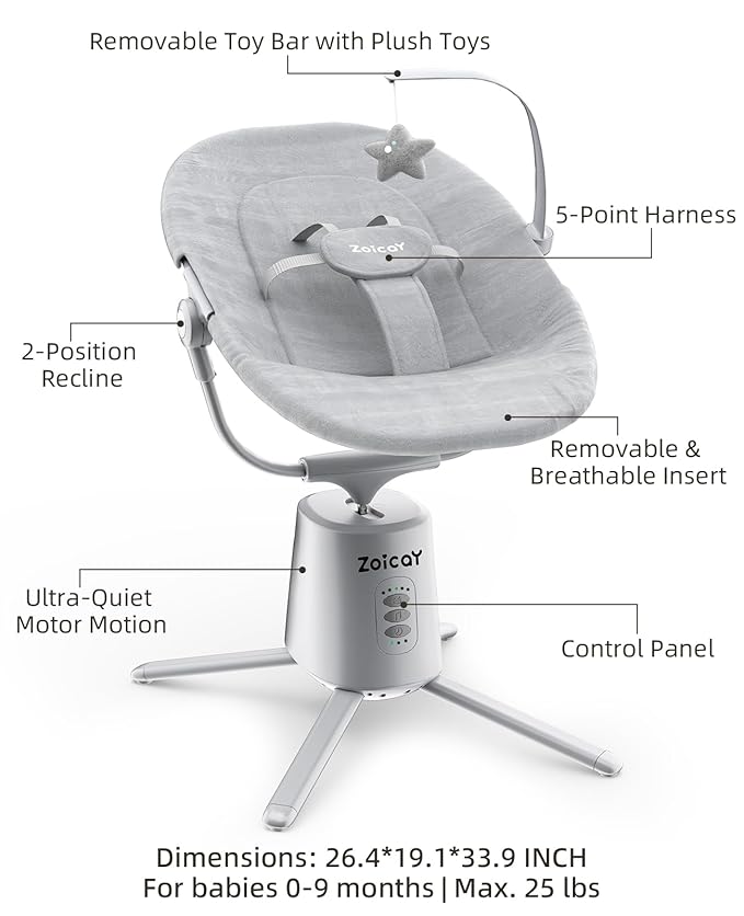 Zoicay Lightweight Baby Swing for Infant with 3 Modes & 5 Speeds, BT Enabled App & Remote Control Electric Swing – 6 Lullabies and 3 Timer Settings, 2 Seat Positions and 5-Point Harness Compact Swing