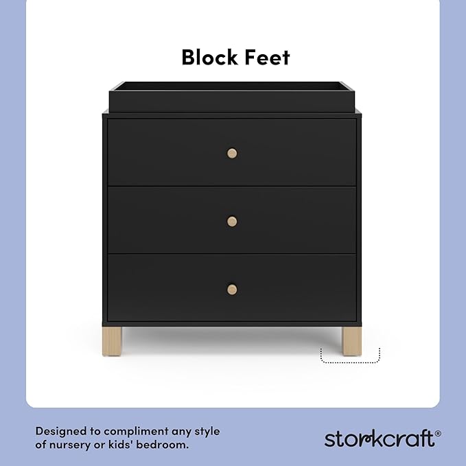 Storkcraft California 3-Drawer Chest with Removable Changing Topper (Black with Driftwood) – GREENGUARD Gold Certified, Interlocking Drawer System, Pre-Installed Tracks, Easy Assembly