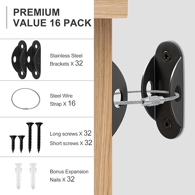 Utook Furniture Anchors for Baby Proofing, Anti Tip Furniture Anchor Securing 420lbs Tension Earthquake Resistant Metal Furniture Wall Anchor Prevent Baby Pet from Falling Furniture（16Pack，Black）