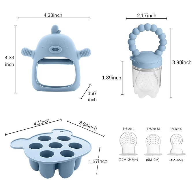 Baby Fruit Feeder & Breastmilk Popsicle Molds – 3-Pack Set with Freezer Tray, Teether Toy, Silicone Pacifier, and 3 Extra Mesh Sizes – (Sky Blue)