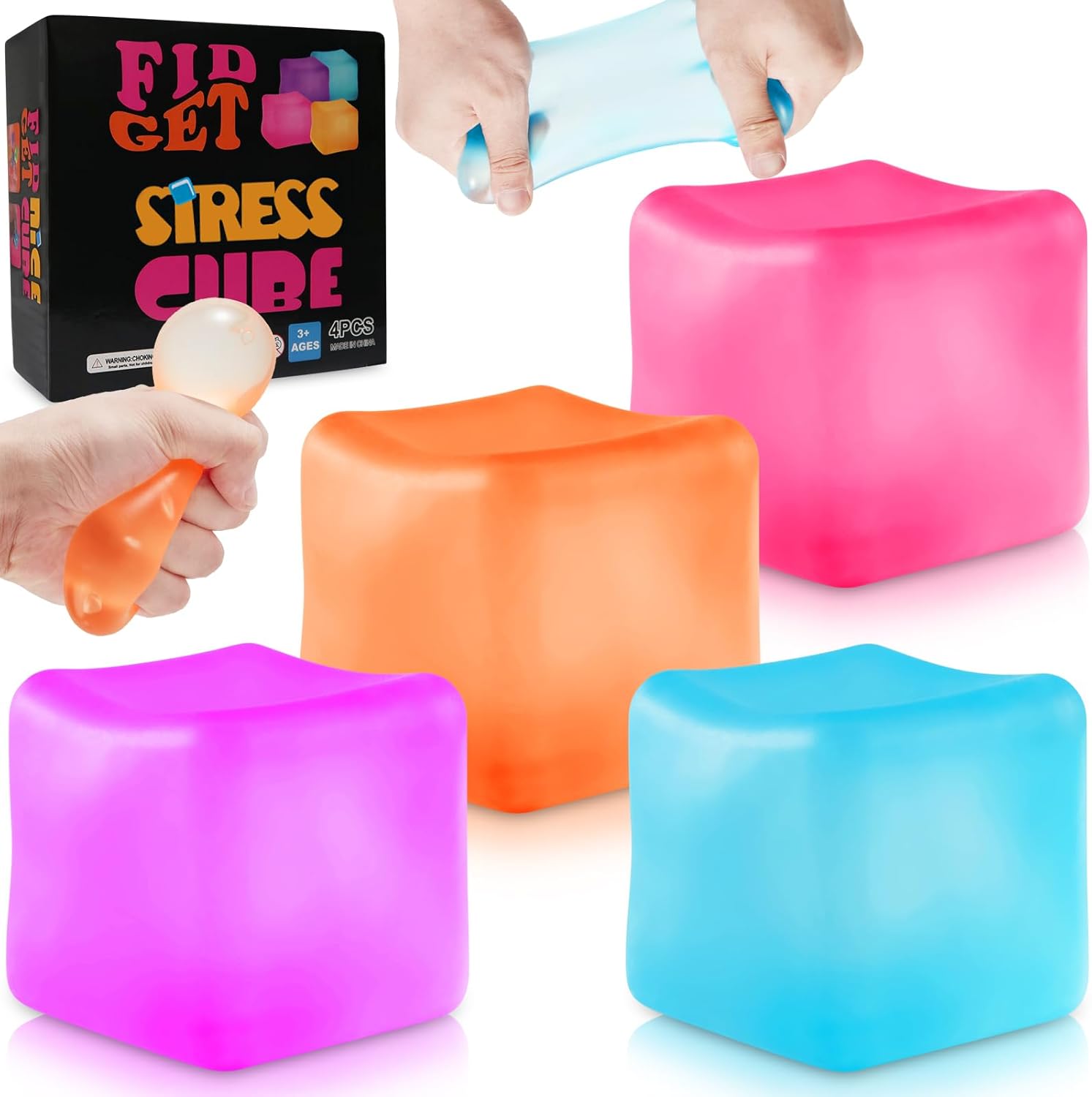 Stress Cube Fidget Ice Cube Stress Balls, 4Pcs Stress Balls for Kids, Fidget Toys Adults Stress Relief Squeeze Ball, Square Shape Hand Exercise Ball, Sensory Toys for Autistic (Gel Sugar Cube)