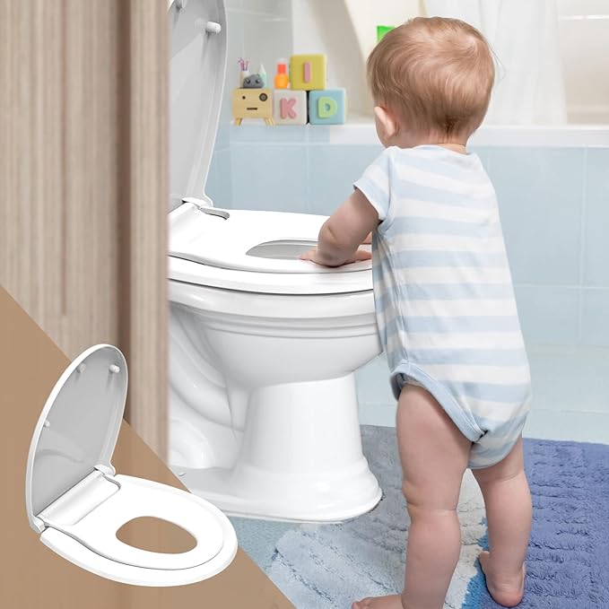 R&T Round Toilet Seat with Built in Potty Training Seat, Slow Close Toddler Seat Fits both Adult and Child, Easy To Install & Clean