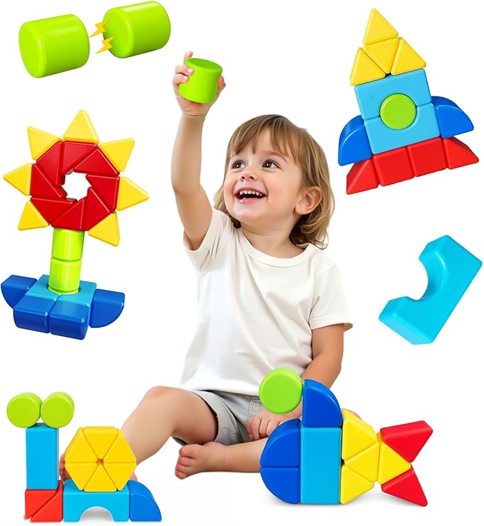 Magnetic Blocks for Kids 4-8, 24PCS Large Magnet Stacking Blocks with Multiple 3D Shapes, Montessori & Sensory Learning Toys, Magnetic Building Toys for Boys & Girls Ages 4+