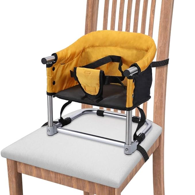 Booster Seat for Dining Table: Portable Toddler Booster Chair with Safety Buckle and Height Adjustable, Foldable Baby Feeding Chair, Kids High Chair Booster Seat for Kitchen Home Travel - Yellow