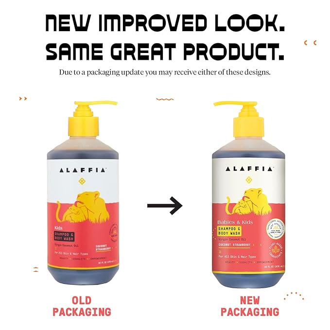 Alaffia Babies and Kids Shampoo and Body Wash, Gentle and Calming Support for Soft Hair and Skin with Shea Butter, Neem, and Coconut Oil, Fair Trade, Coconut Strawberry, 2 Pack – 16 Fl Oz Ea