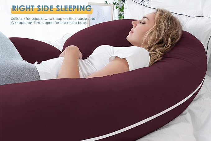 INSEN Pregnancy Pillow, Maternity Body Pillow with Velvet Cover, C Shaped for Side Sleeping (Cooling Tencel-Red Plum)