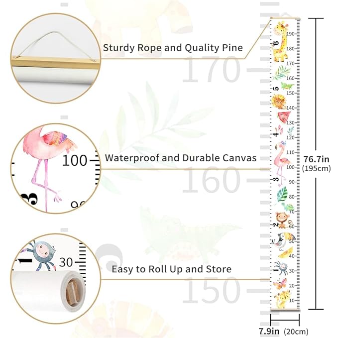Green Plants Growth Chart for Kids Baby Height Chart Ruler Removable Canvas Wooden Frame Hanging Wall Rulers Measurement Charts for Toddler Room Nursery Decor - 79"X7.9" with Beige Wood