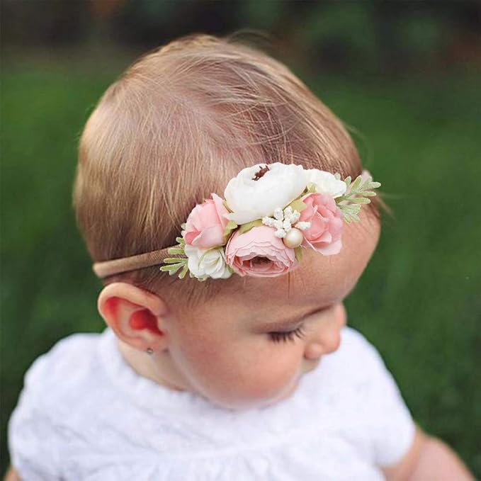 Baby Girl Nylon Headbands Flower Hair Bows Accessories-Elastic Hair Band Crown Handmade FLoral Wraps Birthday Gifts for Girls Newborn Infant Toddler 3Pcs