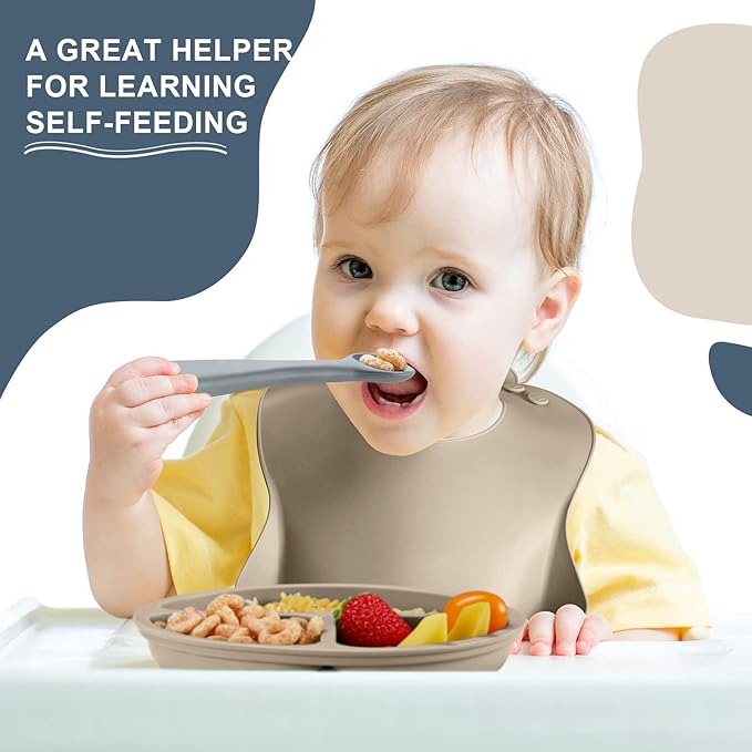 10 Pack Silicone Baby Feeding Set, Toddlers Led Weaning Feeding Supplies with Suction Baby Bowl Divided Plate Adjustable Bib Soft Silicone Spoon Fork, Infant Self Eating Utensil Set (Gray, Khaki)